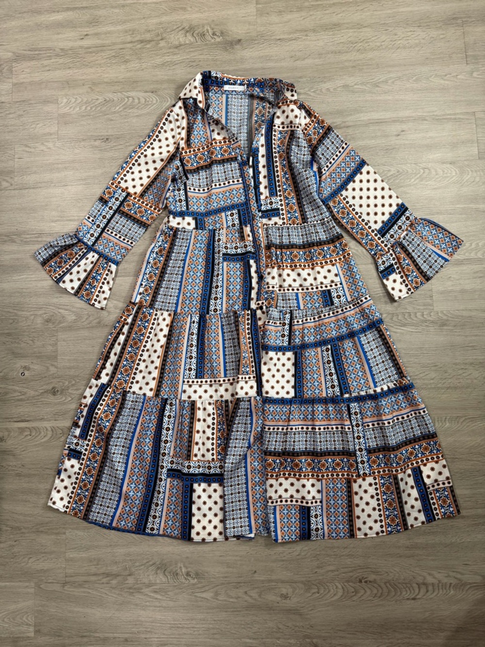 Anany Boho Patchwork Long Sleeve Maxi Jacket Coat in Blue and Brown